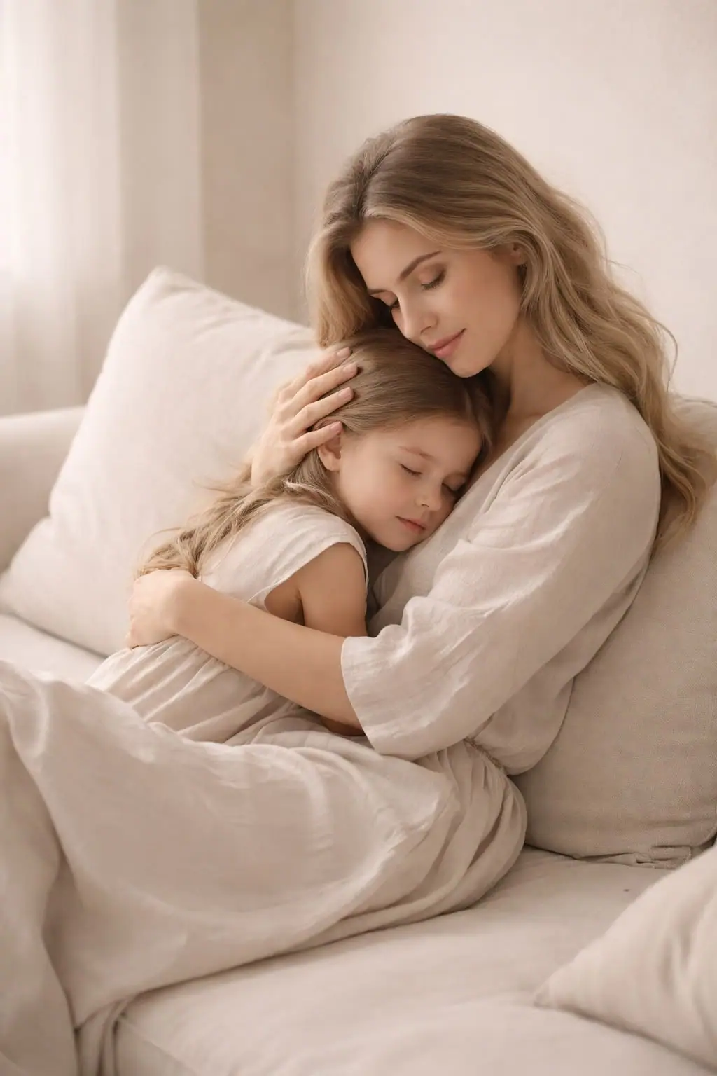 Mãe e filha abraçadas no sofá — Materna360