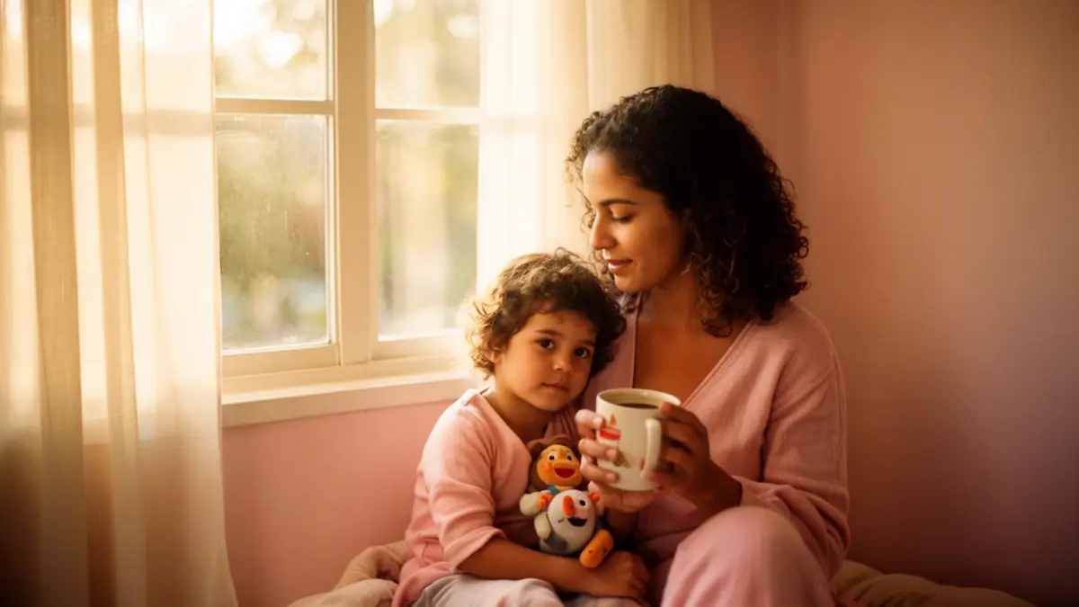 Mãe abraçando filha no sofá — momento de conexão