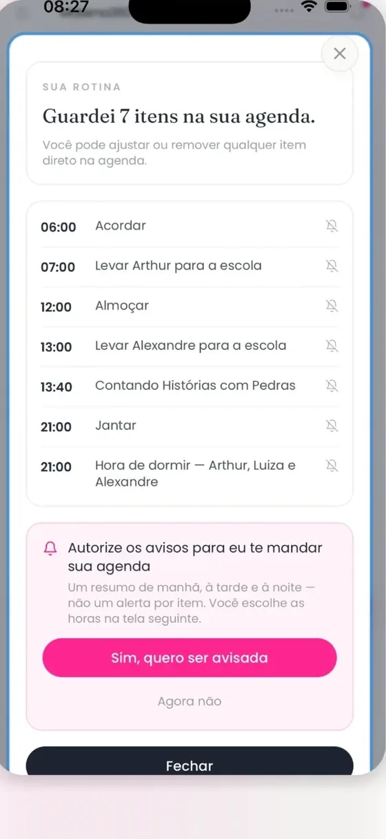 Resumo da rotina guardado na agenda com avisos