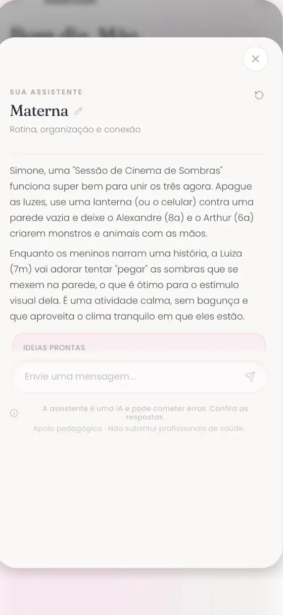 Conversa com a assistente Materna sobre o dia