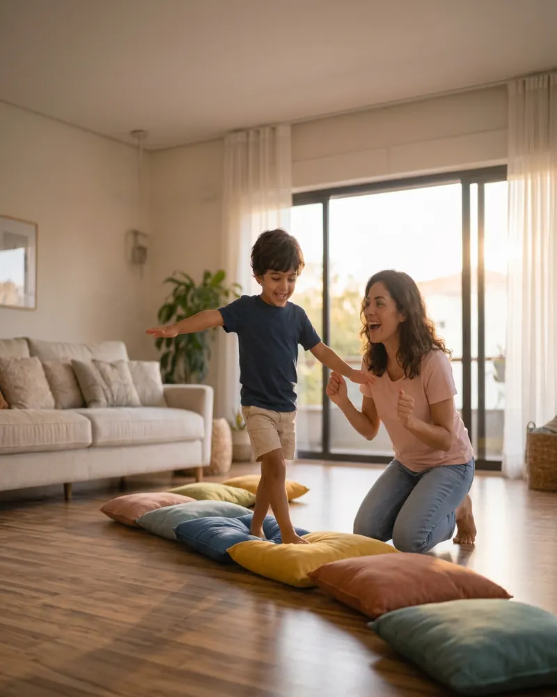 Menino atravessando a sala sobre almofadas enquanto a mãe torce por ele