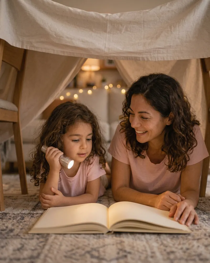 Mãe e filha lendo um livro com uma lanterna dentro de uma cabana