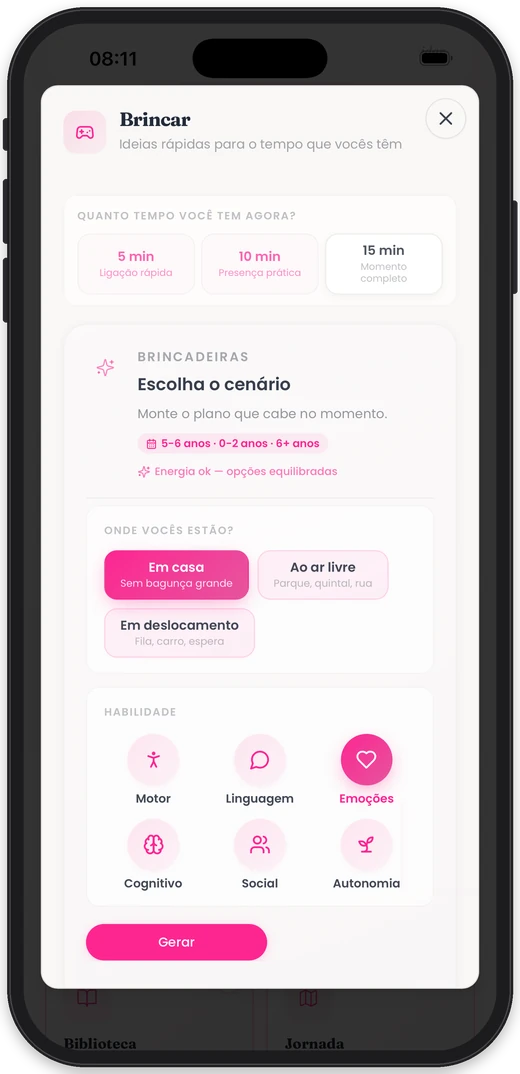 Tela Brincar do app Materna360, onde a mãe escolhe o tempo disponível, o lugar e a habilidade para receber uma ideia de brincadeira